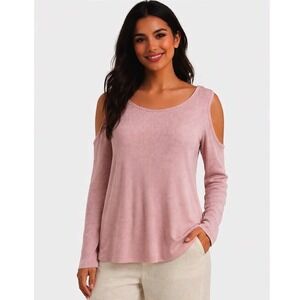 JW Style Dusty Rose Pink Waffle‎ Knit Cold Shoulder Long Sleeve Top L Chic 72-32